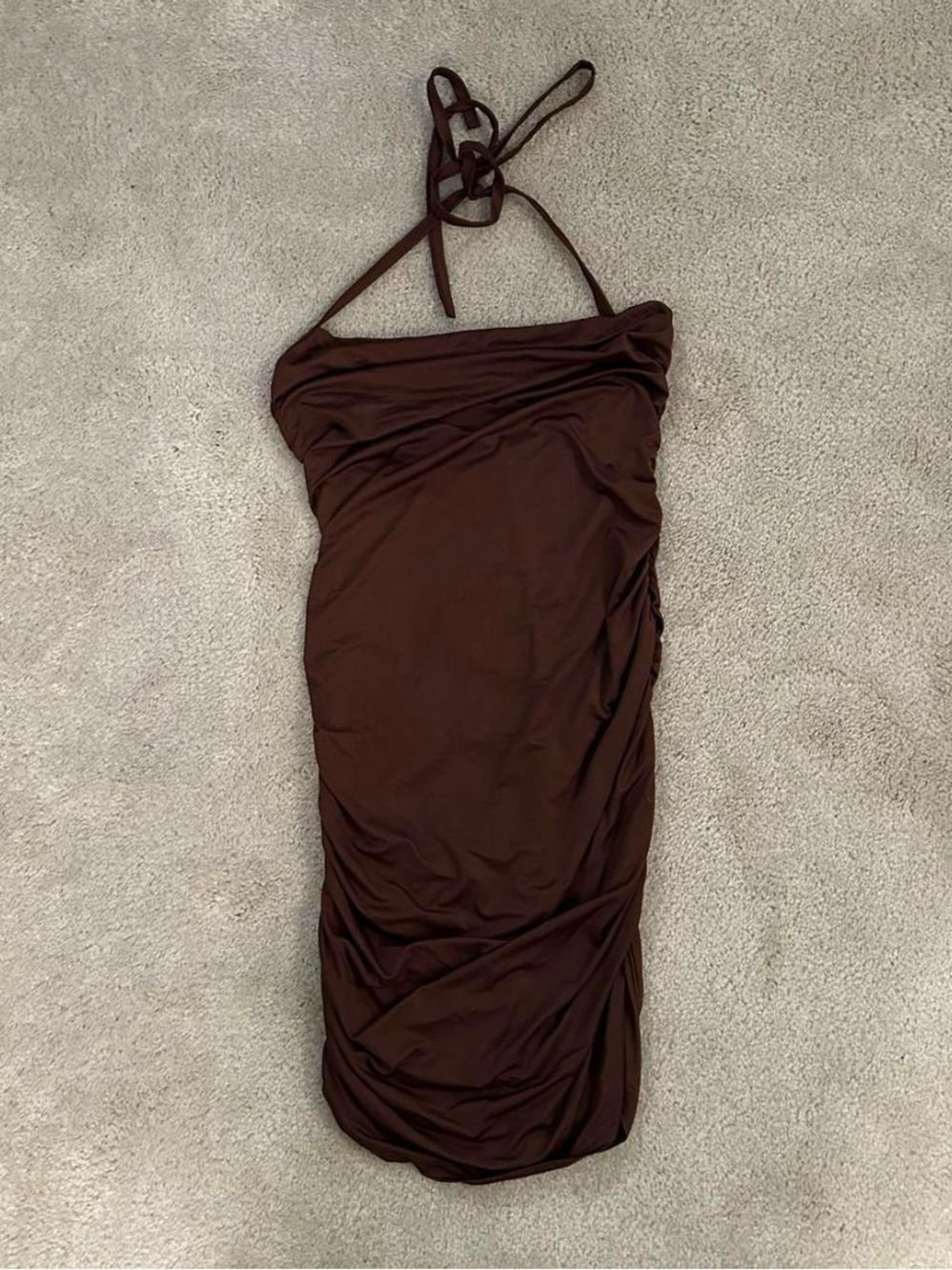 Strapless Ruched Brown Midi Dress with Halter Tie